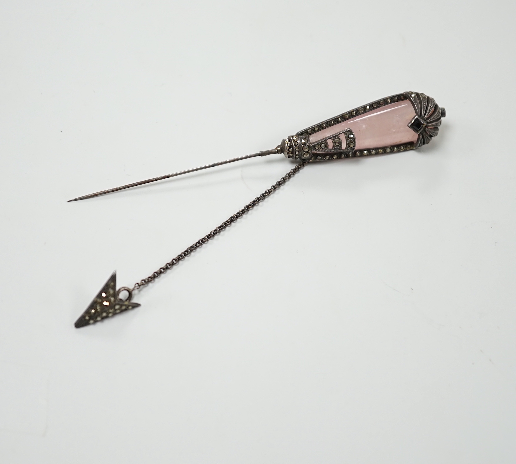 A 1920's rose quartz and marcasite set jabot? pin, 12.3cm.